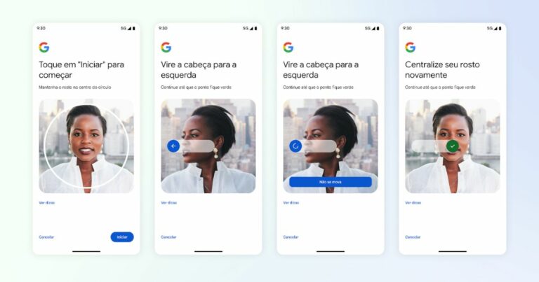 A imagem mostra quatro telas de smartphone exibindo o processo de configuração de reconhecimento facial do Google. Na primeira tela, o texto orienta: “Toque em ‘Iniciar’ para começar”, acompanhado de um círculo de enquadramento para posicionar o rosto. Na segunda tela, aparece a instrução “Vire a cabeça para a esquerda”, com um ícone de seta indicando a direção. Na terceira tela, a instrução se repete, novamente pedindo para virar a cabeça para a esquerda, com um indicador azul solicitando que a pessoa não se mova. Na quarta tela, o sistema orienta: “Centralize seu rosto novamente”, com uma área de enquadramento ao centro. Todas as telas têm layout limpo, fundo claro e elementos mínimos, característicos da interface do Google.