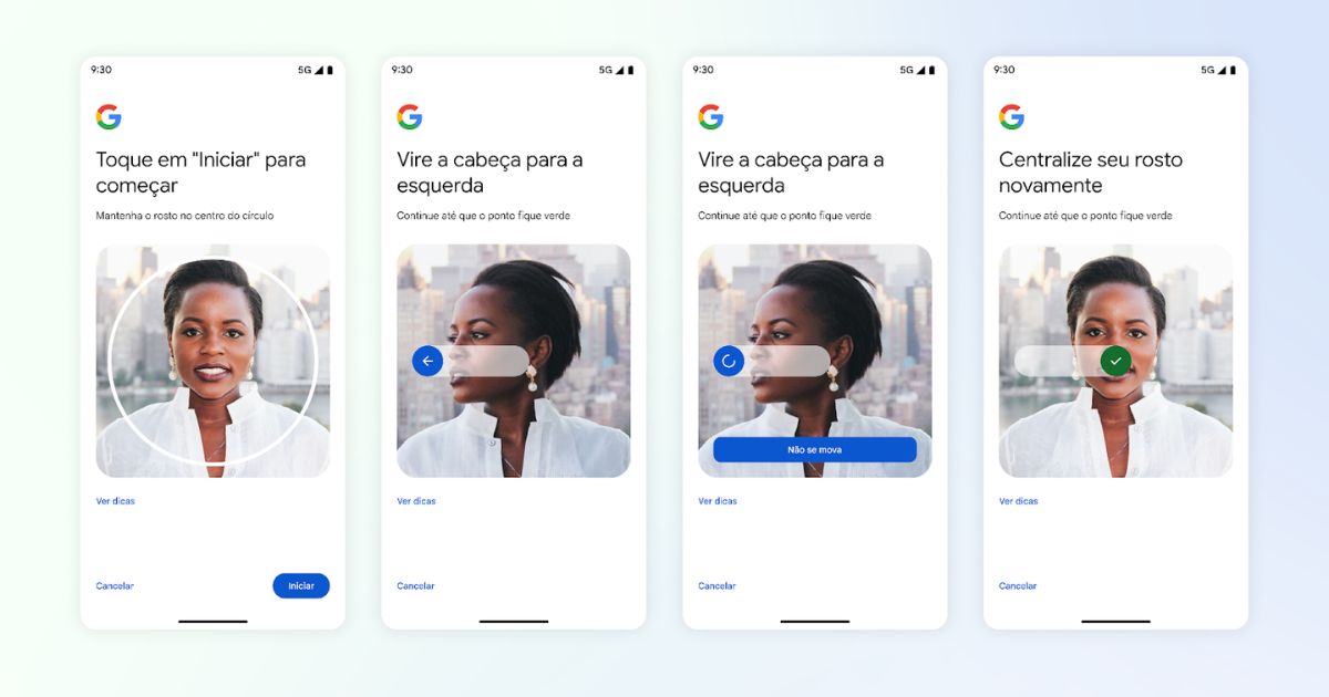A imagem mostra quatro telas de smartphone exibindo o processo de configuração de reconhecimento facial do Google. Na primeira tela, o texto orienta: “Toque em ‘Iniciar’ para começar”, acompanhado de um círculo de enquadramento para posicionar o rosto. Na segunda tela, aparece a instrução “Vire a cabeça para a esquerda”, com um ícone de seta indicando a direção. Na terceira tela, a instrução se repete, novamente pedindo para virar a cabeça para a esquerda, com um indicador azul solicitando que a pessoa não se mova. Na quarta tela, o sistema orienta: “Centralize seu rosto novamente”, com uma área de enquadramento ao centro. Todas as telas têm layout limpo, fundo claro e elementos mínimos, característicos da interface do Google.